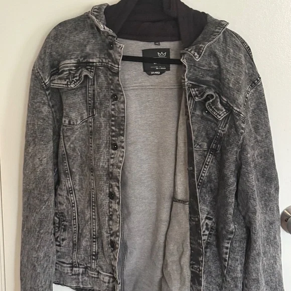 2X Blue Crown Acid Wash Denim Jacket 2XL Hooded Grey Skater Tillys - Picture 2 of 10
